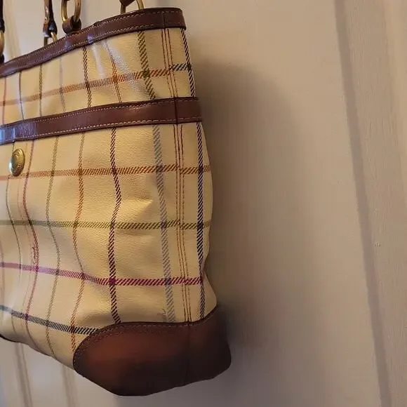 Coach Heritage Plaid Tattersall Tote Bag - Cream, Blue, and Brown 12561